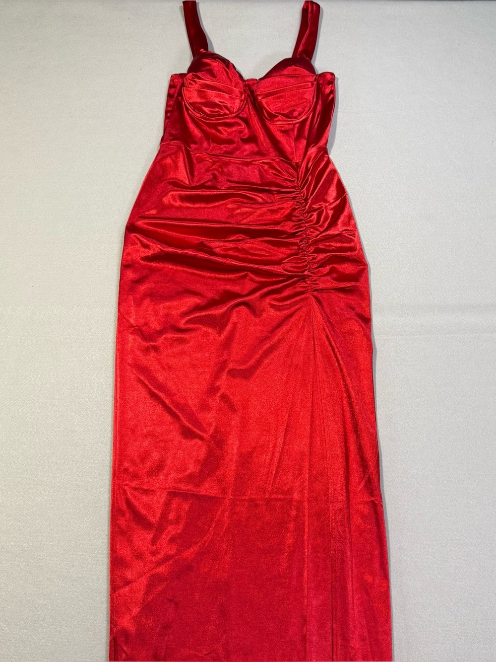 NWT! Windsor Red Satin Ruched Maxi Dress Women’s Sz L Bust Slit Evening Gown